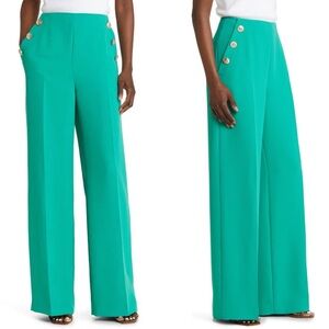 Ted Baker Laylat High Waist Button Trim Wide Leg Pants Green Womens 12 New $260